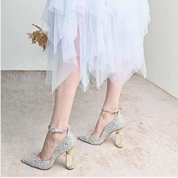 FSJ Silver GlitterCrystal Heels Pointed Toe Rhinestone Pumps Ankle Strap Shoes - Picture 1 of 8